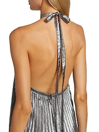 La Fête Déesse Metallic Asymmetric Pleated Halterneck Gown