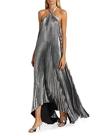 La Fête Déesse Metallic Asymmetric Pleated Halterneck Gown