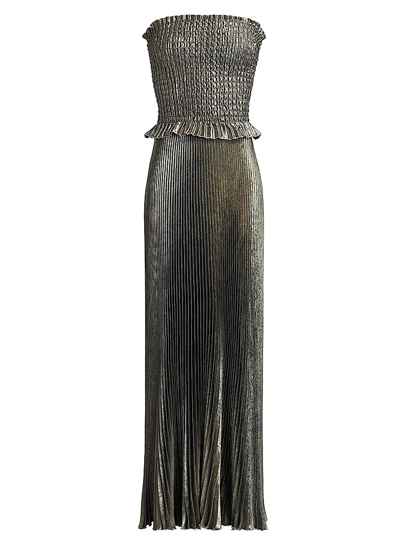 La Fête Maya Metallic Smocked Pleated Strapless Gown