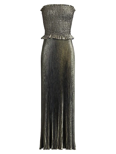 La Fête Maya Metallic Smocked Pleated Strapless Gown