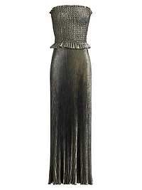 La Fête Maya Metallic Smocked Pleated Strapless Gown