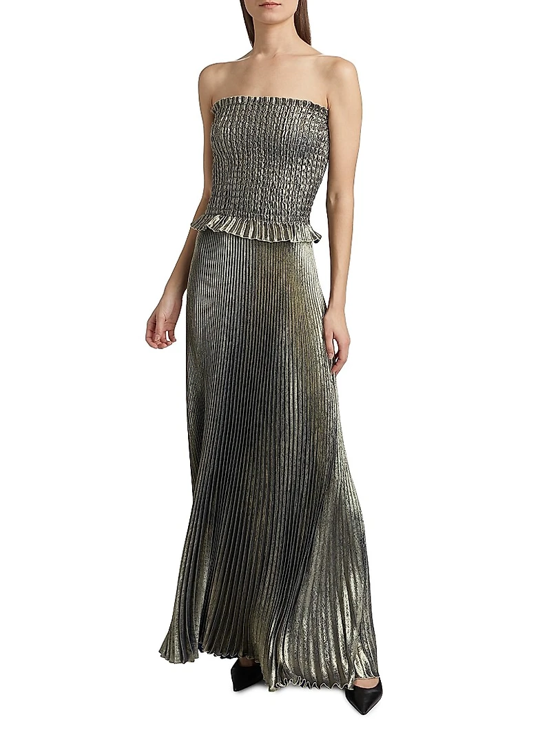 La Fête Maya Metallic Smocked Pleated Strapless Gown