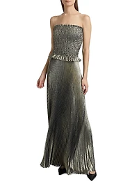 La Fête Maya Metallic Smocked Pleated Strapless Gown