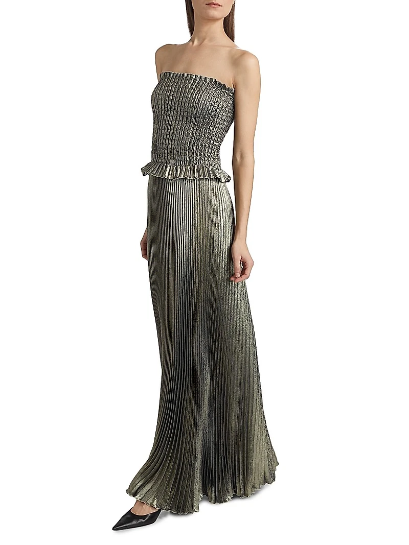 La Fête Maya Metallic Smocked Pleated Strapless Gown