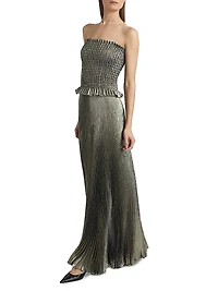 La Fête Maya Metallic Smocked Pleated Strapless Gown