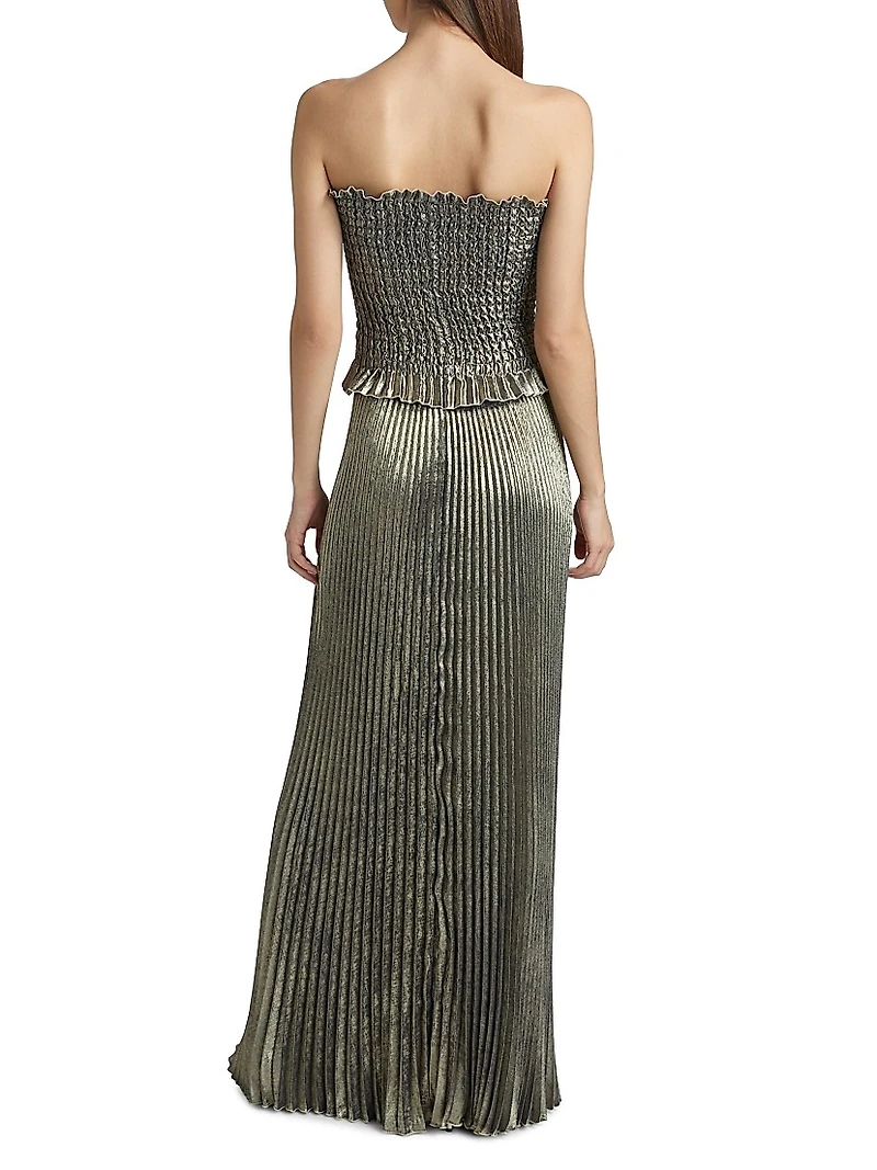 La Fête Maya Metallic Smocked Pleated Strapless Gown