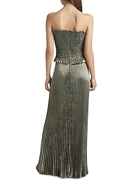 La Fête Maya Metallic Smocked Pleated Strapless Gown
