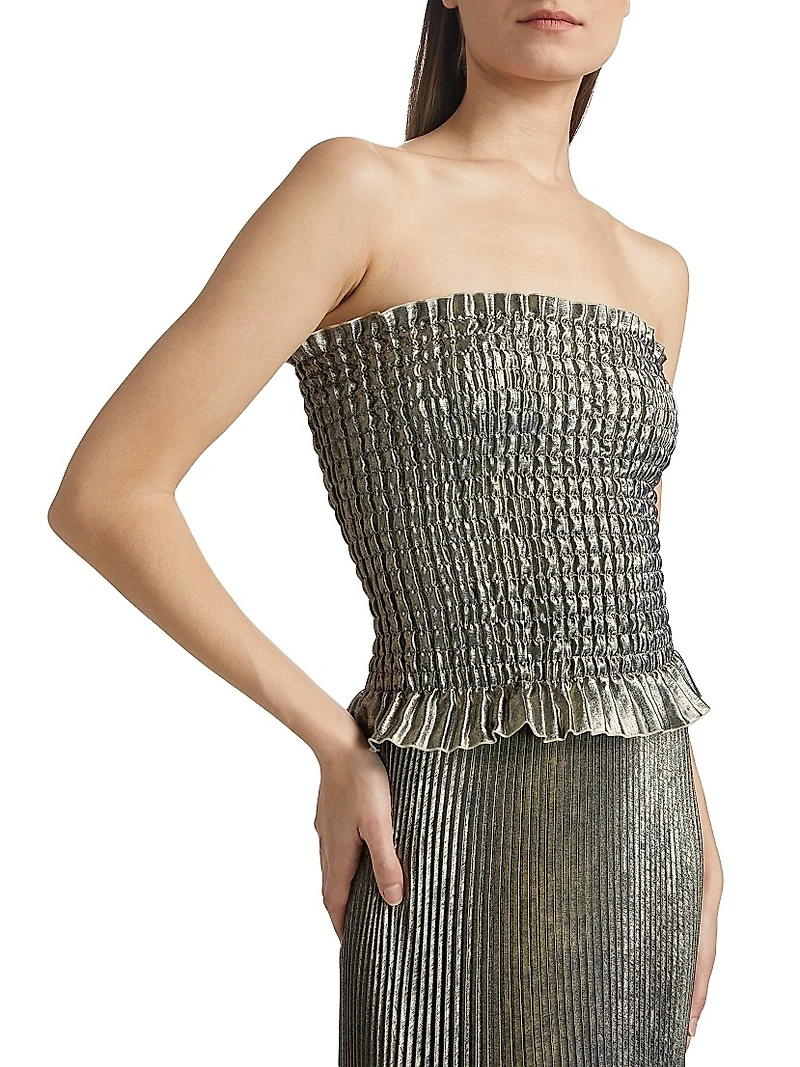 La Fête Maya Metallic Smocked Pleated Strapless Gown