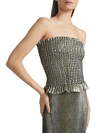 La Fête Maya Metallic Smocked Pleated Strapless Gown