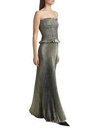 La Fête Maya Metallic Smocked Pleated Strapless Gown