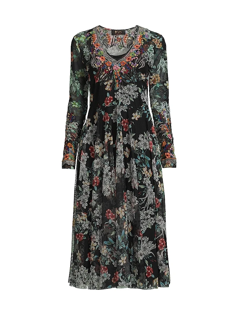 Mazzy Embroidered Floral Mesh Flared Dress