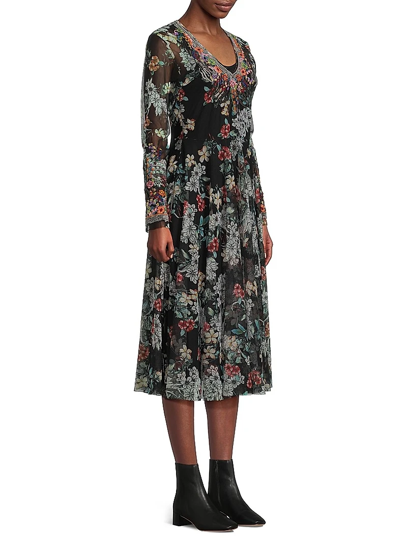 Mazzy Embroidered Floral Mesh Flared Dress