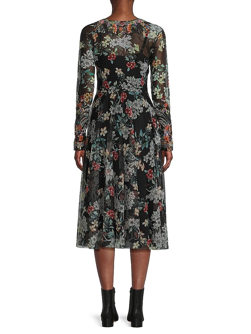 Mazzy Embroidered Floral Mesh Flared Dress