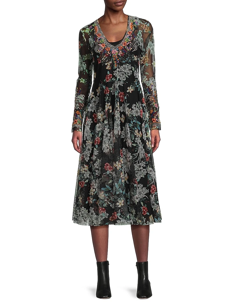Mazzy Embroidered Floral Mesh Flared Dress