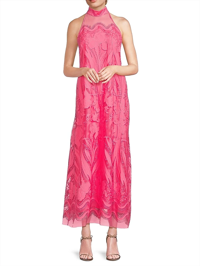 BHLDN Lace Halter Ruffle Peekaboo Maxi Dress | The Summit