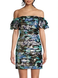 Solena Metallic Floral Ruched Minidress