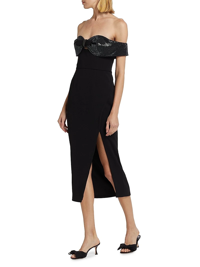 Embellished Crêpe Bow Midi-Dress