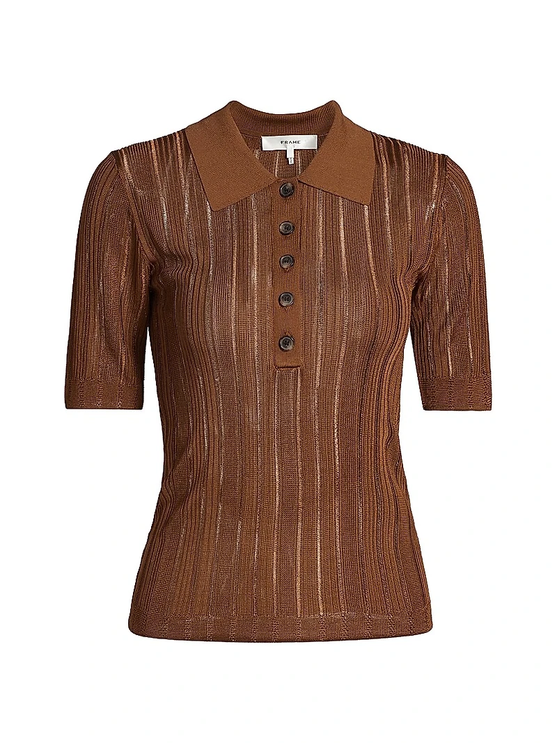 Laddered Rib-Knit Polo Top