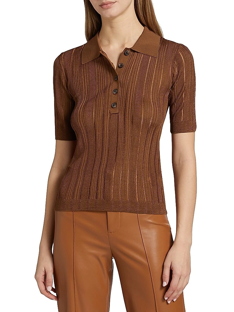 Laddered Rib-Knit Polo Top