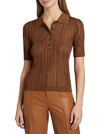 Laddered Rib-Knit Polo Top