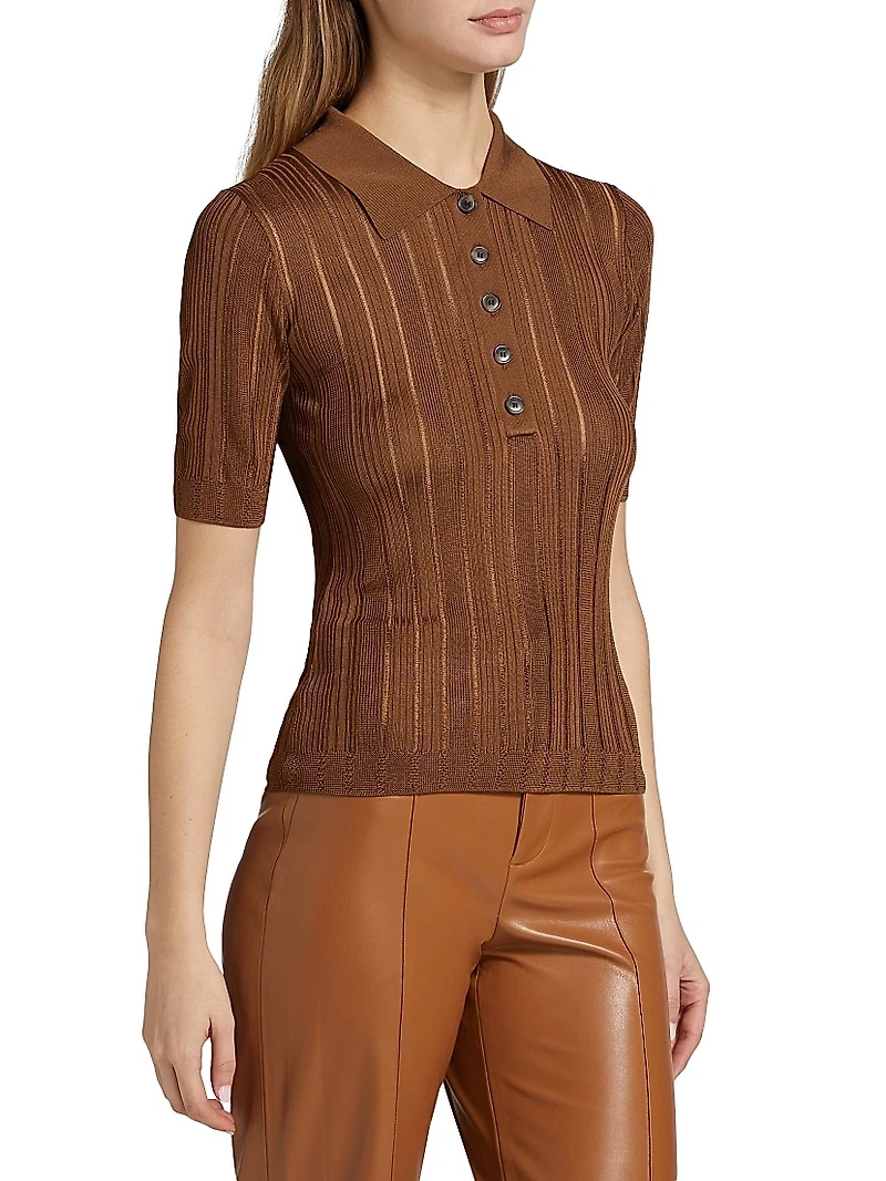 Laddered Rib-Knit Polo Top