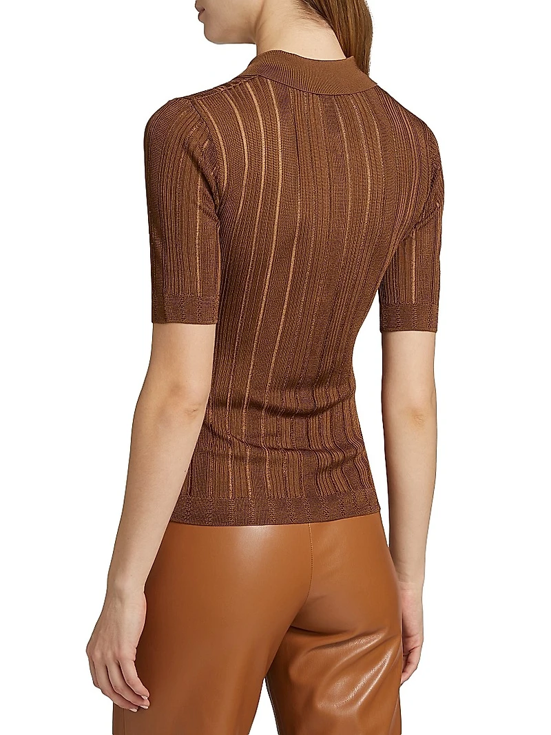 Laddered Rib-Knit Polo Top