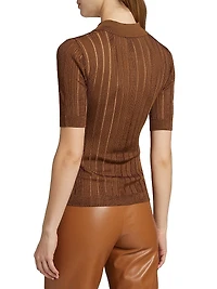 Laddered Rib-Knit Polo Top