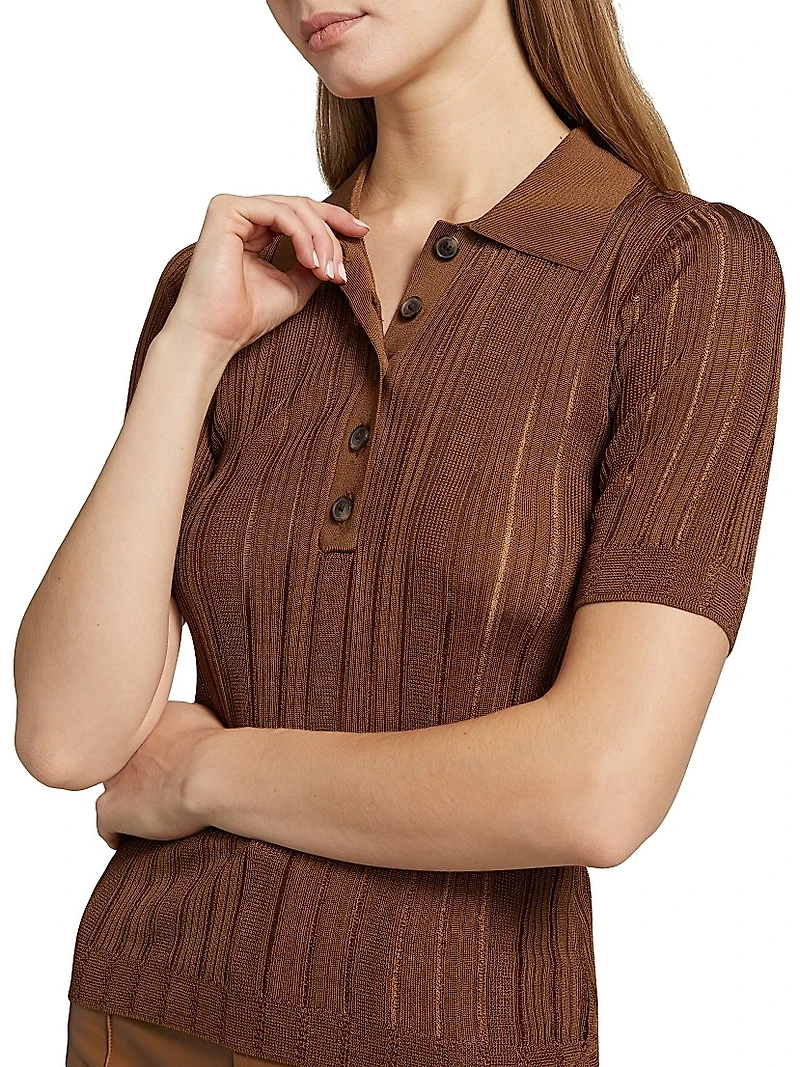 Laddered Rib-Knit Polo Top