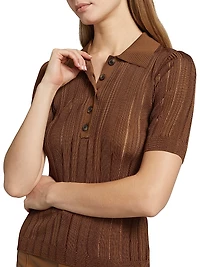 Laddered Rib-Knit Polo Top