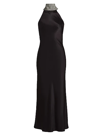 Riella Crystal-Embellished Satin Halterneck Maxi-Dress