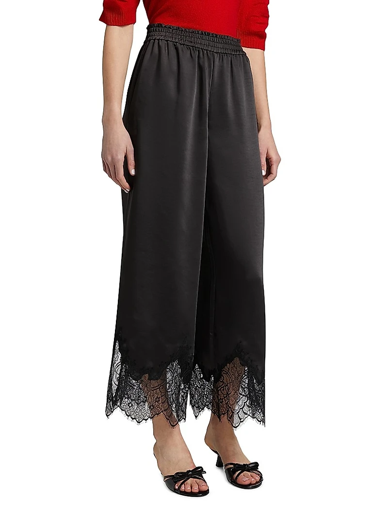 Ceily Satin Lace-Cuff Pants