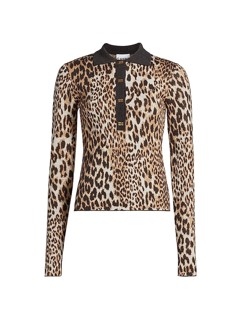 Fine Merino Wool Jacquard Leopard Polo Shirt