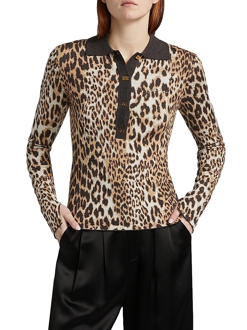 Fine Merino Wool Jacquard Leopard Polo Shirt