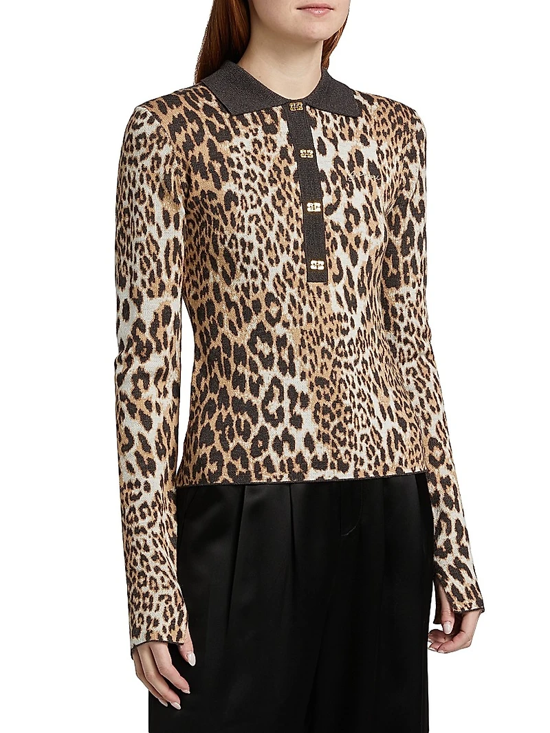Fine Merino Wool Jacquard Leopard Polo Shirt