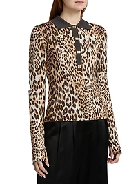 Fine Merino Wool Jacquard Leopard Polo Shirt