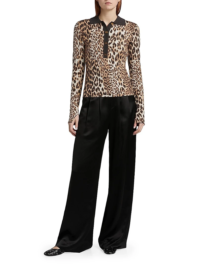 Fine Merino Wool Jacquard Leopard Polo Shirt