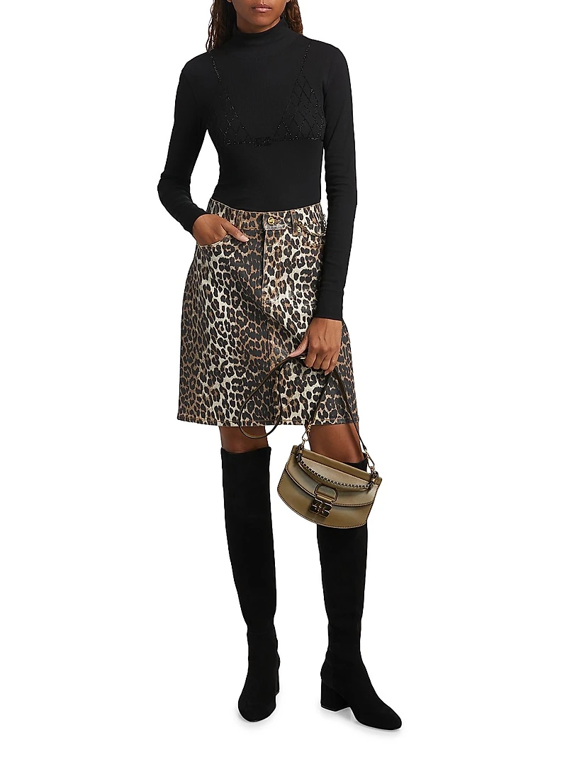 Foil Animal Print Denim Midi-Skirt