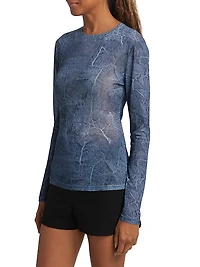 Marl Mesh Long-Sleeve Crewneck Blouse
