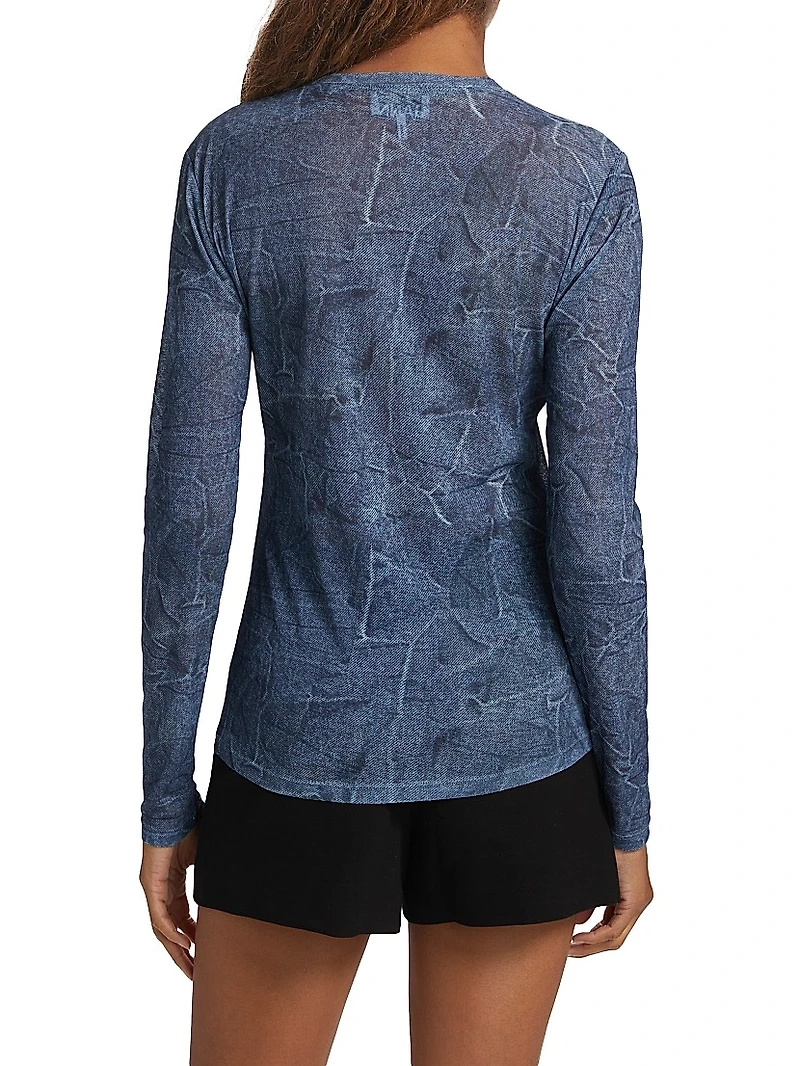 Marl Mesh Long-Sleeve Crewneck Blouse