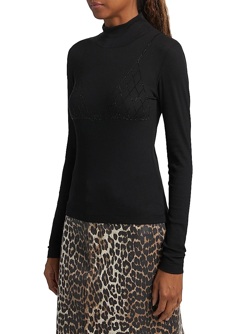 Ribbed Rhinestone Turtleneck Top