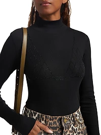 Ribbed Rhinestone Turtleneck Top