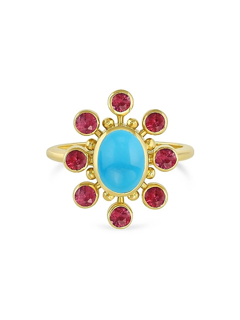 Tillya Tepe Cosmos 18K Yellow Gold, Sleeping Beauty Turquoise & Ruby Ring