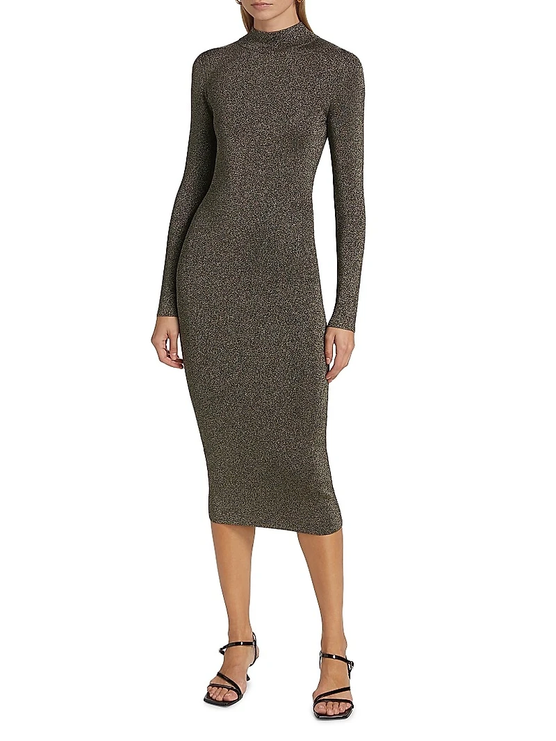 Metallic Mock Turtleneck Body-Con Midi-Dress
