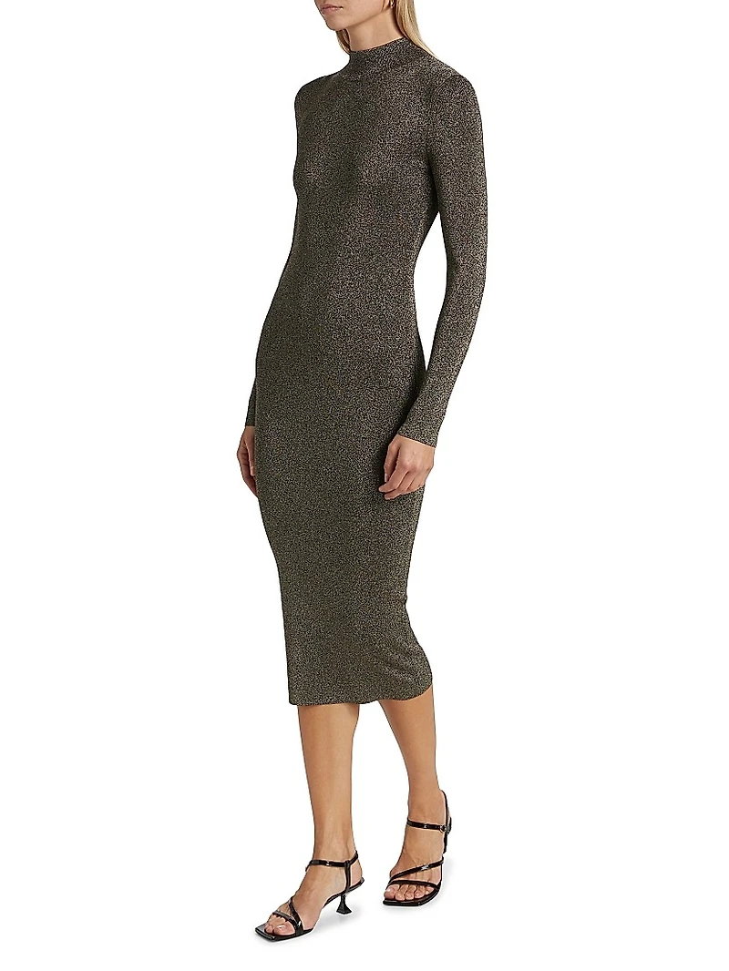 Metallic Mock Turtleneck Body-Con Midi-Dress