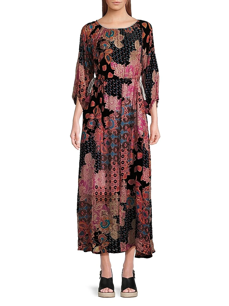 Verronah Abstract Burnout Drawstring Maxi-Dress