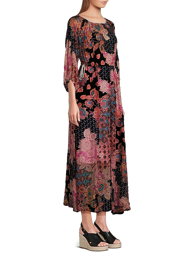 Verronah Abstract Burnout Drawstring Maxi-Dress
