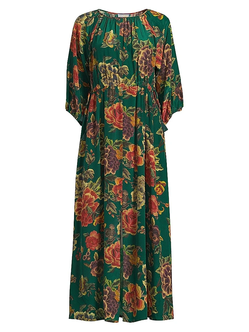 Verronah Floral Silk Drawstring Midi-Dress