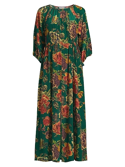 Verronah Floral Silk Drawstring Midi-Dress