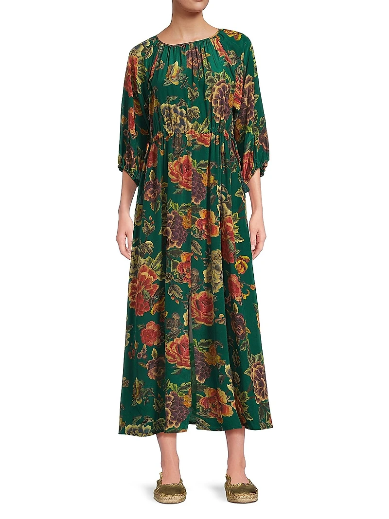 Verronah Floral Silk Drawstring Midi-Dress