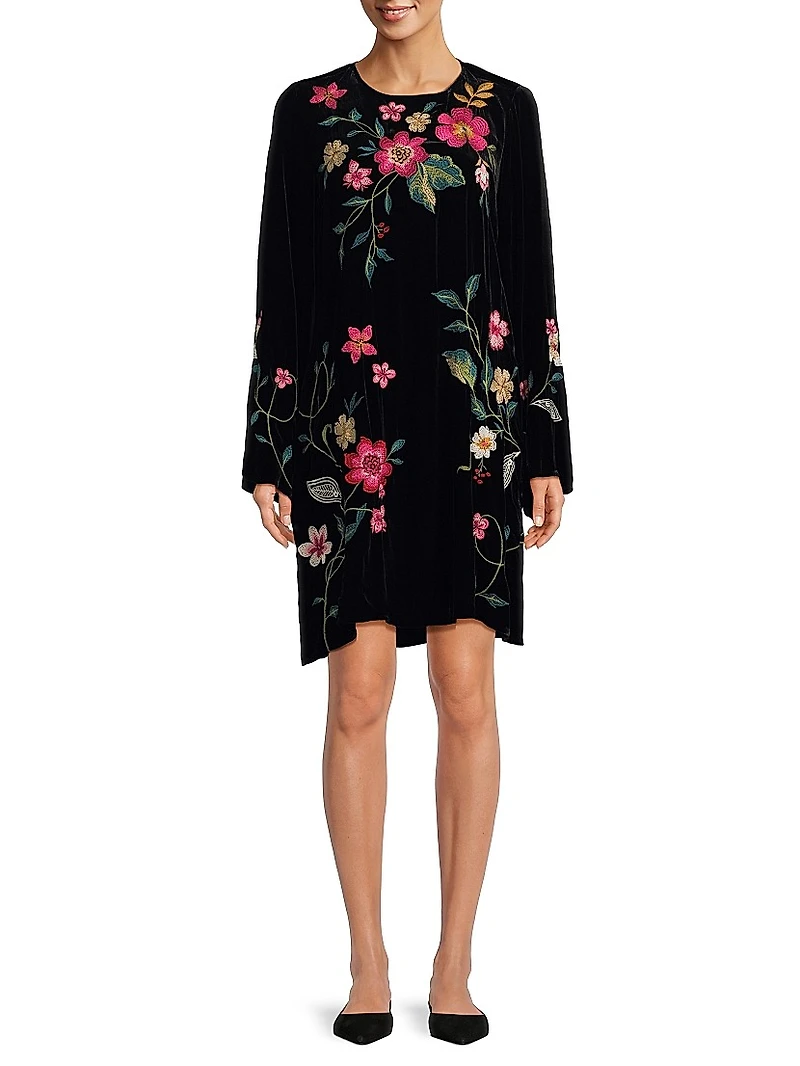 Rhoda Embroidered Velvet Midi-Dress